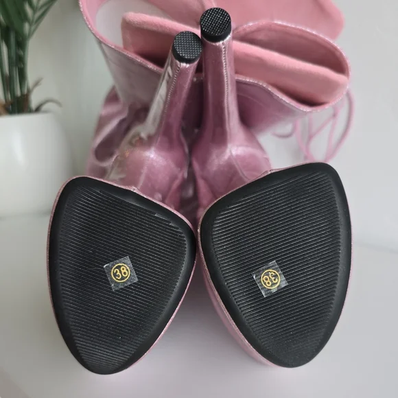 Hella Heels NWOB 8" Glitterati Sugarbaby Pink Thigh High Boots Front Lace Pole - Picture 12 of 13